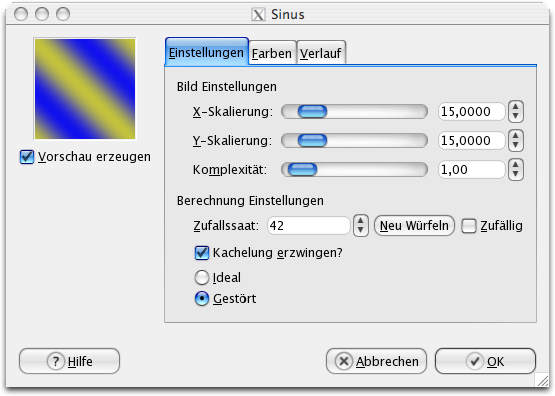 Eigenschaften (Einstellungen) für das Filter Sinus
